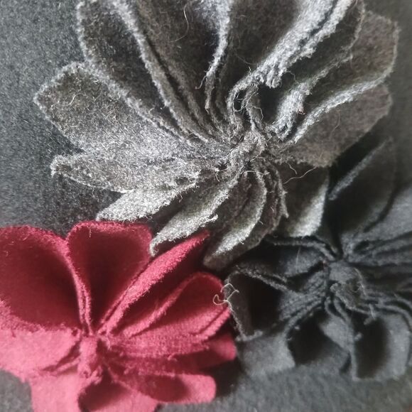 Flirty Women's Black Cloche Hat 100% Wool with Colorful Floral Fabric Accents - Picture 5 of 7